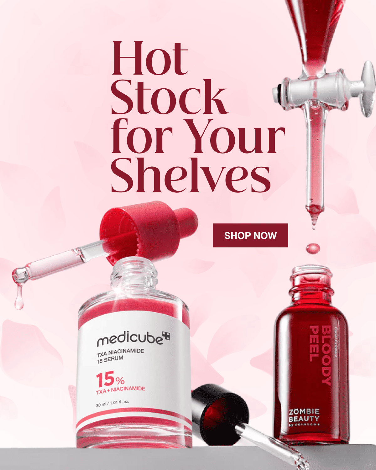 Medicube TXA Niacinamide 15% Serum in a pink background.